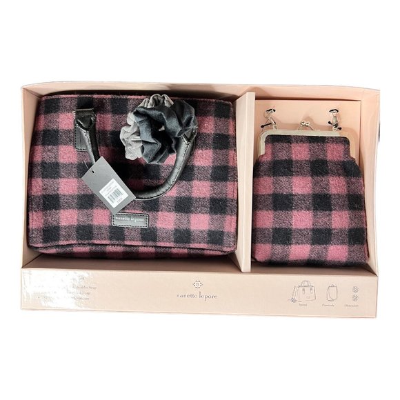 Nanette Lepore 4 pc Satchel Crossbody Pink Buffalo Check Velvet Scrunchies purse - Picture 1 of 10